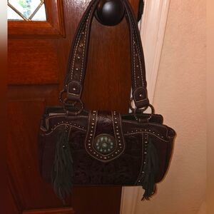 Trinity Ranch Brown Western-Style Handbag with Turquoise Accents